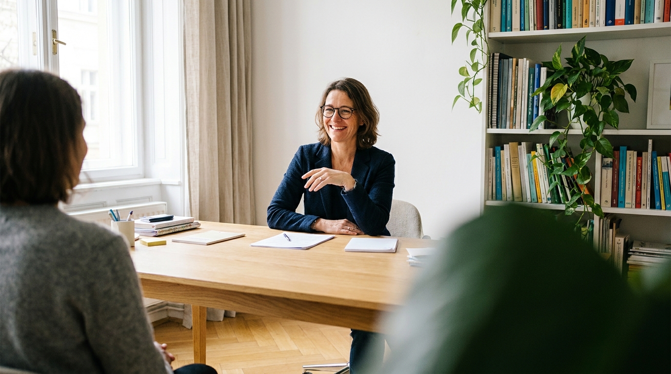 Beraterin im persönlichen Erstgespräch mit einem Klienten im hellen Münsteraner Büro