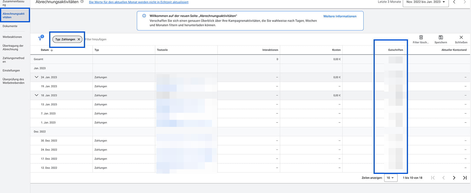 Abrechnungsaktivitäten in Google Ads mit Filter auf Zahlungen und der Spalte Textzeile