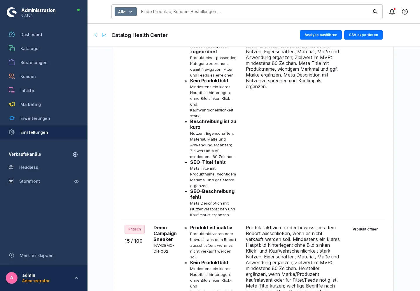 Befundliste mit Status kritisch, Score und Hinweisen wie fehlendes Produktbild oder fehlender SEO-Titel