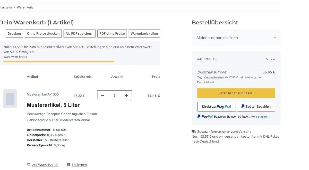 Warenkorb mit Hinweis auf den fehlenden Betrag bis zum Mindestbestellwert und Fortschrittsbalken