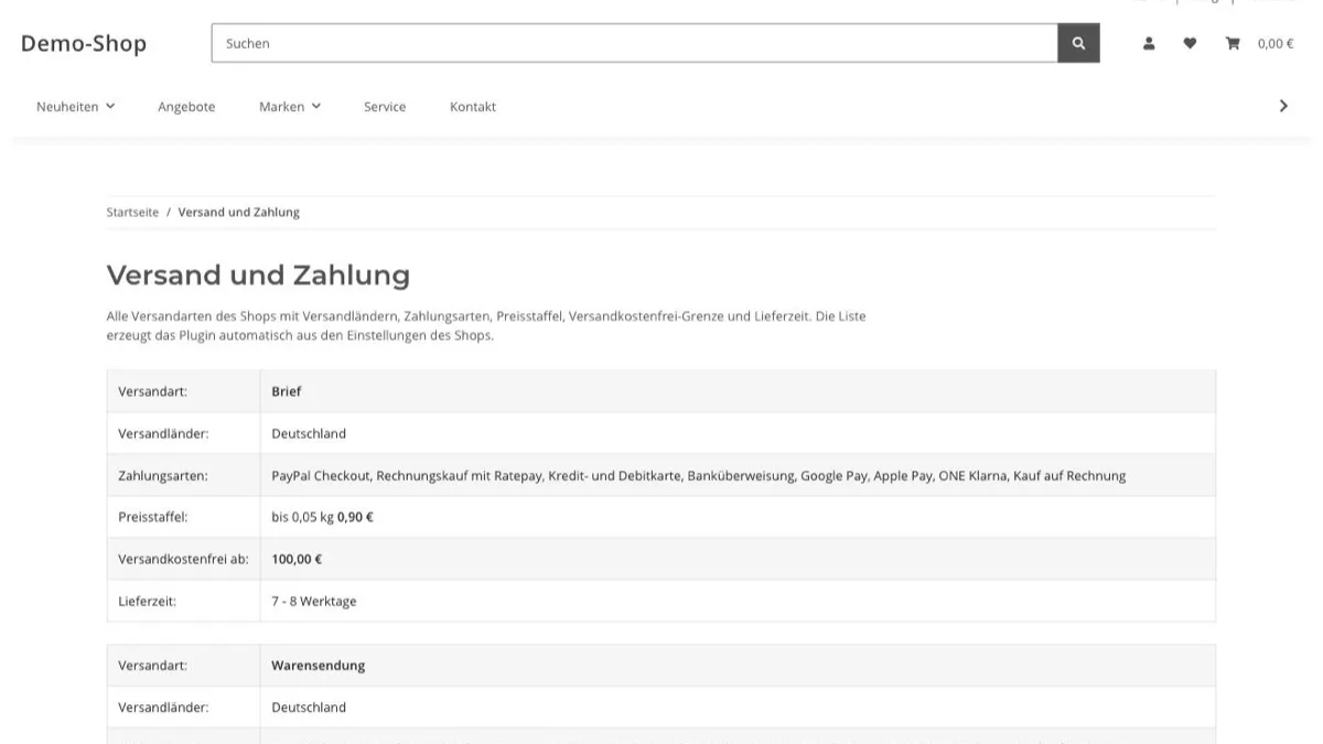 Seite „Versand und Zahlung“ mit einer Tabelle je Versandart, darin Versandländer, Zahlungsarten, Preisstaffel, Versandkostenfrei-Grenze und Lieferzeit