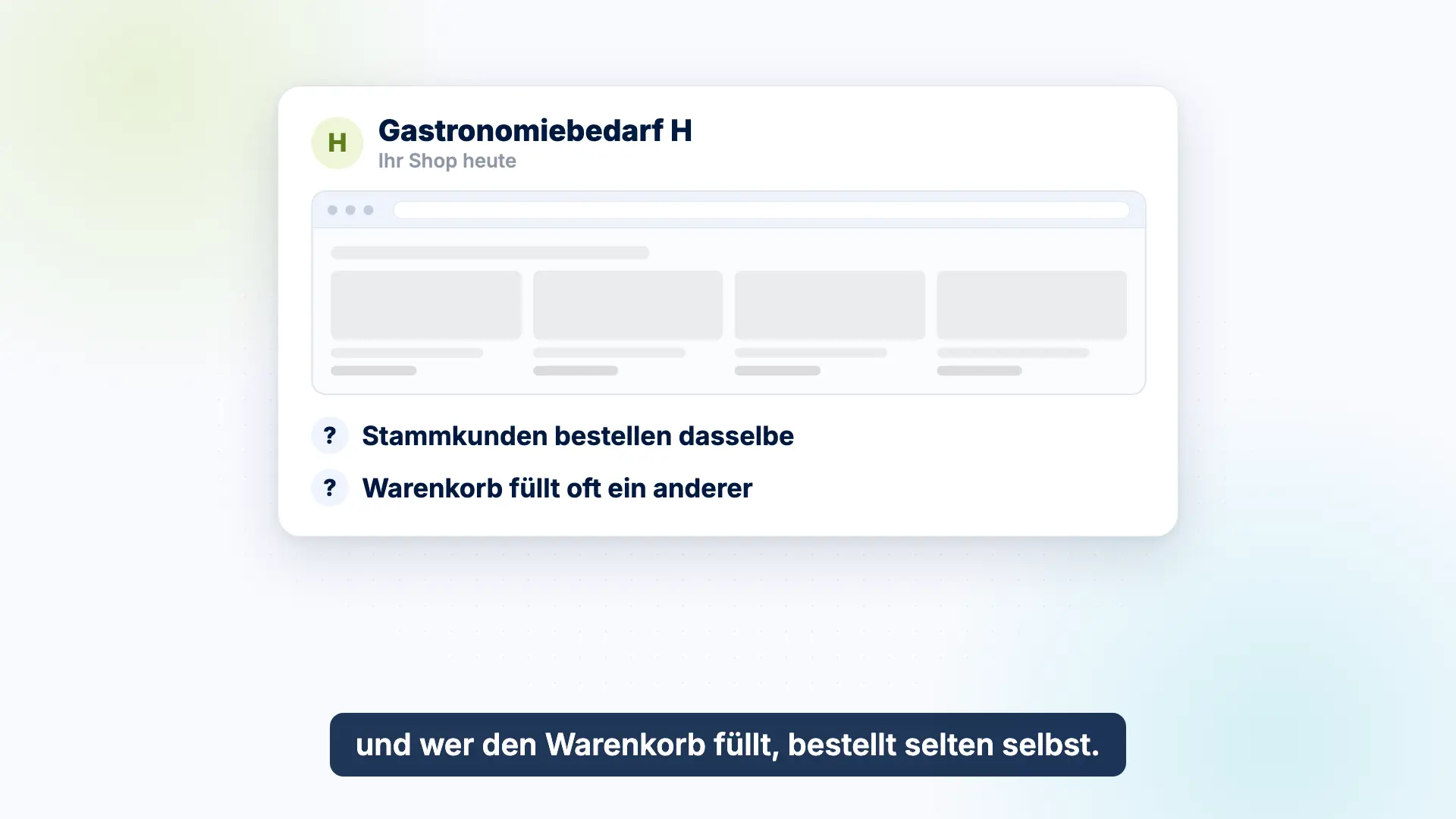 Vorschau des Erklärvideos: Bei einem Beispiel-Händler für Gastronomiebedarf bestellen Stammkunden immer wieder dasselbe, und wer den Warenkorb füllt, bestellt selten selbst.
