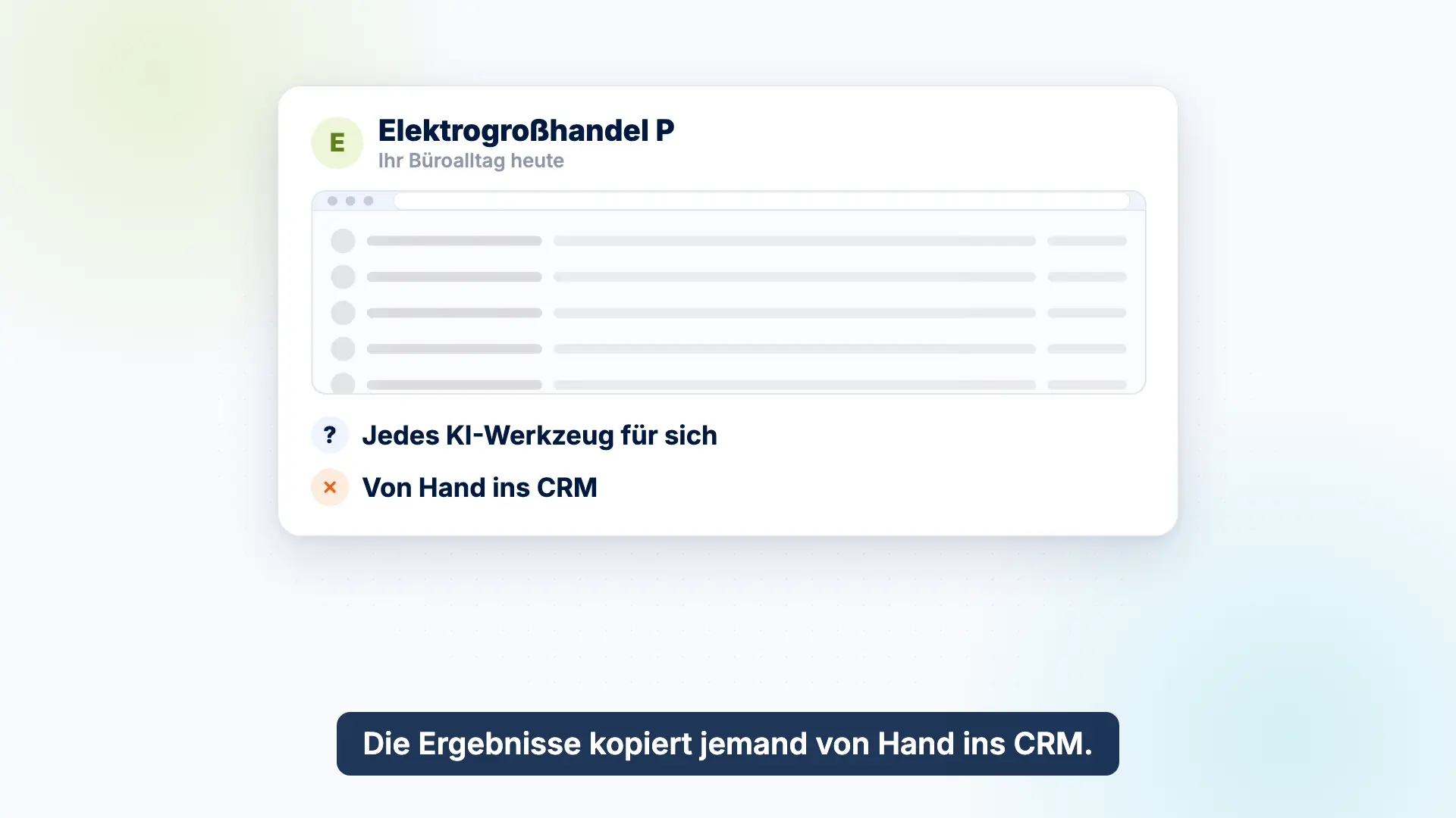 Vorschau des Erklärvideos: In einem Beispiel-Elektrogroßhandel arbeitet jedes KI-Werkzeug für sich, Ergebnisse werden von Hand ins CRM kopiert.