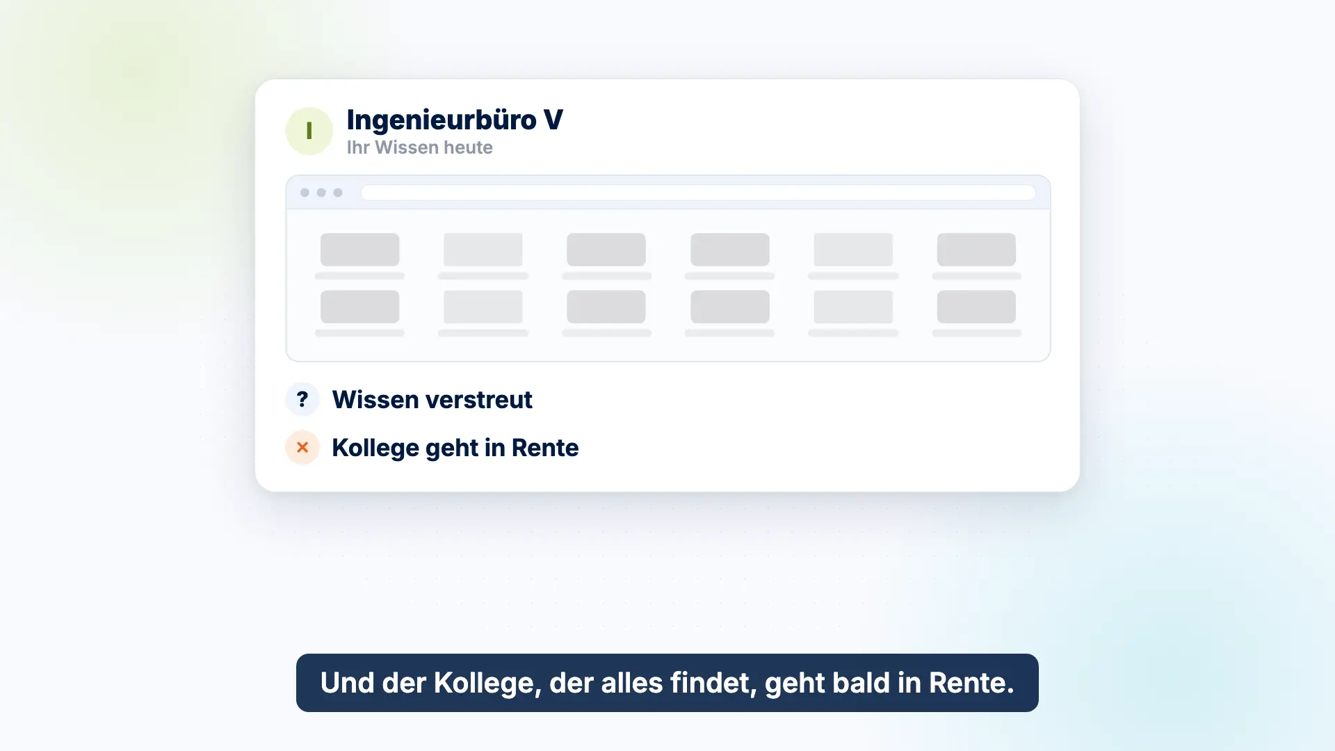 Vorschau des Erklärvideos: In einem Beispiel-Ingenieurbüro liegt das Wissen verstreut in Ordnern und alten E-Mails, der erfahrene Kollege geht bald in Rente.
